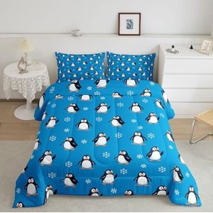 Homemissing Pinguïn Beddengoed Set Dubbel Grappig Dier Gedrukt Dekbed Set voor Sneeuwvlok Donzen Trooster Donkerblauw 3 Stuks