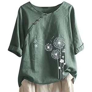 Kanpola Linnen Blouse Dames Zomer Herfst Oversized Print T-shirts Lange Mouwen & Korte Mouw Losse Ronde Hals Tops, 16, groen, 46