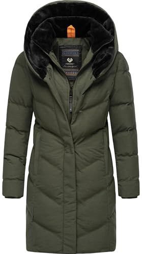 Ragwear Winterjas voor dames, warme waterdichte en ademende gewatteerde jas, lang, met capuchon en hoge teddyfleece kraag, Natalka Cosy YOUMODO XS-6XL, dark olive, S