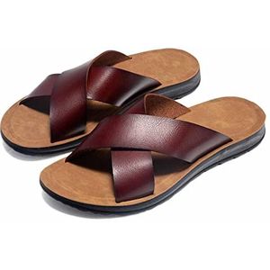 slippers heren Slippers Man,Heren Pantoffels Zomer Mode Grote Maat Strandschoenen Trendy Casual Sandalen,Lichtgewicht Mode Echt Leer Slip Op Slide (Color : Brown, Size : EUR44)