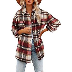 Dames Overhemdjack Geruit Flanellen Overhemd Houthakker Overhemd, Oversized Blouse Knoopjas Dames Geruit Overhemd Met Lange Mouw, Geruit Jasje Dames Fleece Overhemd (Color : Red, Size : M)
