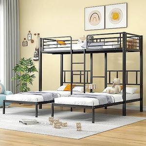 Idemon Driepersoons bed, drievoudig stapelbed met ladder voor kinderen en jongeren, ijzeren bed met valbeschermingsrooster en tafel, zwart, 90 x 200 cm x 3