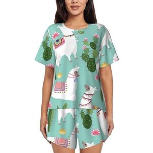 YQxwJL Tropische lama alpaca cactus bloemenprint dames pyjama sets shorts korte mouw lounge sets nachtkleding casual pyjama met zakken, Zwart, L