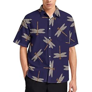 Beige libelle op een donker Hawaiiaans shirt voor heren, zomer, strand, casual shirts met korte mouwen, button-down shirts met zak