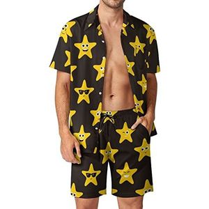 Grappige lachende sterren Hawaiiaanse bijpassende set voor heren, 2-delige outfits, button-down shirts en shorts voor strandvakantie