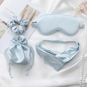 IYOU Zijden slaapmaskers set met hoofdbanden en haarscrunchies moerbeizijde blauw oogbedekking vlek zijde reizen dutje verduisterend slaapmasker voor vrouwen en meisjes