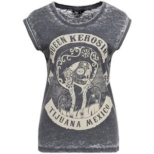 Queen Kerosin Dames T-shirt | Dames | Enzym Wash | Used Look | Vintage | Mexico | Tattoo | Muertos | Calavera | Tijuana Tijuana Mexico, grijs, XXL