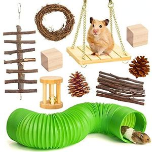 QQY Hamster Chew Toys Set Hamster Chew Speelgoed, Huisdier Molaire Tanden Care Set voor Cavia's, Chinchilla's, Gerbils, Mice, Ratten, Muis Knaagdieren Speelgoed Swing Wipbrug (10 stuks)