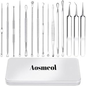 Aosmeol Acne Removal Kit, 15 STKS RVS Puistje Popper Tool Kit, Mee-eter Remover Comedone Extractor Gereedschap voor Voorhoofd Neus Gezicht