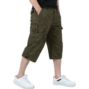KEFITEVD 3/4 broek heren cargo shorts mannen bermuda shorts meerdere zakken zomer korte broek katoen werkbroek elastische tailleband casual, legergroen, 34
