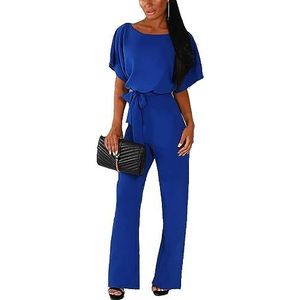 Dagelijkse slijtage Jumpsuits for dames, korte mouwen, ronde hals, riem, casual rechte pijpen, playsuit (Color : Blue, Size : XL-XLarge)