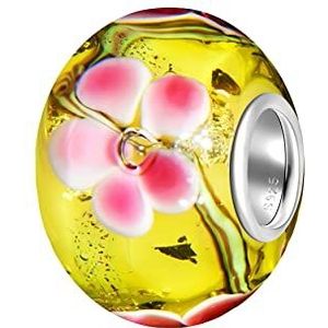 Andante-Stones 925 sterling zilver glas bedel sealife (neon-geel met roze bloem) element bal voor European Beads + organza zakje