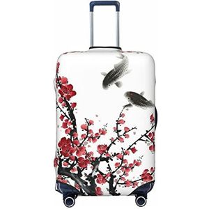 WOWBED rode pruimenvis bedrukte koffer cover elastische reisbagagebeschermer past 18-32 inch bagage, Zwart, S