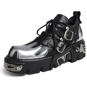 Goth Punk Black Metallic Platform Ankle Boots voor dames Ronde neus Lace Up Motorcycle Combat Boots,zwart,35 EU