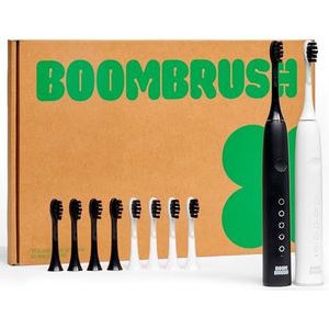 BOOMBRUSH 2 Elektrische Tandenborstels Sonische Tandenborstels met 90 dagen Batterij incl. 10 Borstelkopjes - Zwart/Wit