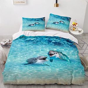 Dolphin dekbedovertrekset, 3D-print, zomerse oceaan beddengoedset, 3-delig, microvezel dekbedovertrek met rits, tweepersoons 200 x 200 + 2 kussenslopen 50 x 75 cm, dekbedovertrek voor tieners en