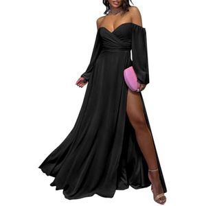 Chiffon bruidsmeisjesjurk voor dames, met splitplooien, baljurken, cocktailjurken, grote maten, Zwart, 32