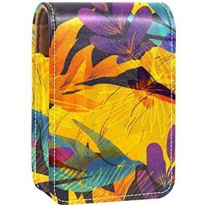 Lippenstift Hoesje met Spiegel Tropisch Geel Blad Herfst Herfst Lip Glans Houder Draagbare Lippenstift Opbergdoos Reizen Make-up Tas Mini Lederen Cosmetische Pouch Houdt 3 Lippenstift
