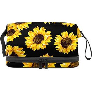 Grote capaciteit reizen cosmetische tas,Zonnebloemen in zwarte achtergrond,Make-up tas,Waterdichte make-up tas organisator, Meerkleurig, 27x15x14 cm/10.6x5.9x5.5 in
