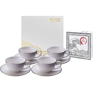 TOKYO design studio Nippon White 4-delige kopjesset wit met schoteltjes, met gouden rand, Ø 10 cm, 6 cm hoog, 250 ml, Aziatisch porselein, Japans design, incl. geschenkverpakking