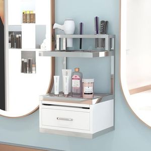 Wandmontage stylingstation, professioneel kappersstation, kappersmeubel met föhnhouder, kast en lades, voor haarstylist, schoonheidssalon, spa en kapperszaak(Silver)