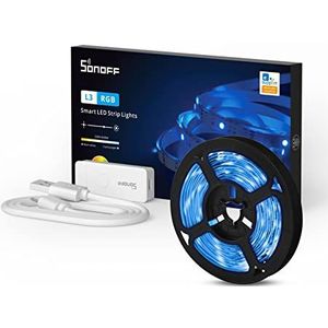 SONOFF Strip 5M, Alexa 24W RGB Music 5050 LED Strip Light Dimbaar, Smart IP20 Waterdichte LED Strip Light, Smartphone App Control, Afstandsbediening en Voice Control, LED Strip Light voor Huis, Tuin, Keuken, Feestdecoratie