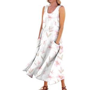 HHuiXinXue Maxi-jurk voor dames, casual, U-hals, mouwloos, zomerjurk, bloemenprint, strandjurk met zakken, kleur-8, 3XL