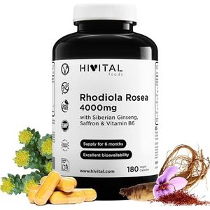 Rhodiola Rosea 4000 mg. 180 veganistische capsules voor 6 maanden behandeling. Met natuurlijke extracten van Rhodiola Rosea, Siberische Ginseng, Saffraan en Vitamine B6. Door HIVITAL