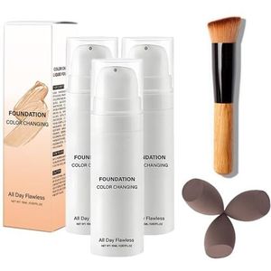 Temperatuurveranderende Foundation, Kleurveranderende Foundationbasis, Huidskleur Aanpassende Crème Volledige Dekking, Langdurige Waterproof, Met Make-Upkwasten En Puff (Huid, 3Set)