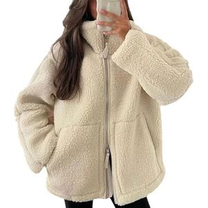 Dames Sherpa Fleece Jas Met 2-Weg Rits, Zachte Oversized Winterjas Met Zakken(White,S)