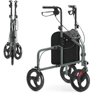 HEAO Driewieler rollator, smal voor woning, aluminium met 3 wielen, opvouwbaar, terreinwagen, lichte loophulp met afneembare tas, voor binnen en buiten, grijs