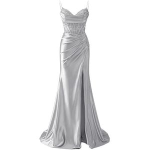 YIANN Satijnen baljurk met spaghettibandjes voor dames, met split, kant, applicatie, zeemeermin, lange baljurk, formele jurk, Zilver, 32