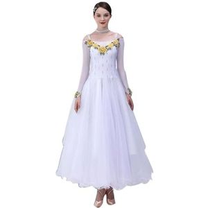 FZHQNZJF Dames Bretels Balzaal Dans Concurrentie Jurken Wals Flamenco Prestatie Kostuum Glanzend Salsa Foxtrot Rok Lange Mouw Tango Danskleding,Wit,3XL