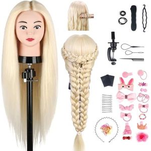 TwoWin - Kappers Trainingshoofd - Blond - 61 cm - 80% Echt Haar - Oefenpop met Klemstandaard en Accessoires