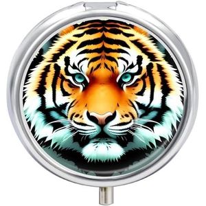 Ronde pillendoos, kleine dikke tijgerkop bedrukte pil bevat,Retro kleine pillendoosje, reispillendoos, draagbare medicijndoos met compartiment medicijnkoffer