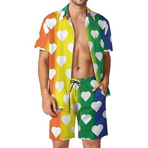 Witte harten op LGBT Rainbow Hawaiiaanse bijpassende set voor heren, 2-delige outfits, overhemden en shorts met knopen voor strandvakantie