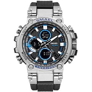 Gloednieuwe sportherenhorloges, dubbele tijd waterdichte digitalmilitarywatch, lumineuze multifunctionele polshorlogewatchdate/week/stopwatch 12/24 uur,Silver blue