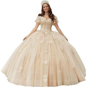 Fuomomo Quinceanera MT052 Jurk met vlinderapplicaties van kant, 3D, glanzend, baljurk, schoudervrij, voor snoep, 15 en 16, verjaardagsjurk van tule, Champagne, 50/grote maten