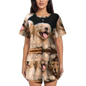 RIVETECH Golden Retriever honden/puppy's met dierenprint, pyjamaset met korte mouwen voor dames, comfortabele korte sets, nachtkleding met zakken, Zwart, L