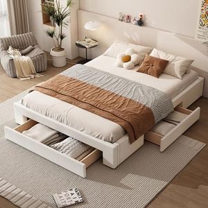 Aunvla 160 x 200 cm plat bed, drie opbergvakken, zonder hoofdeinde, kleur beige