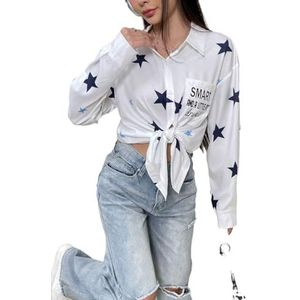 dames topjes Overhemd met grafische ster en slogan met verlaagde schouderzakken en opgestikte zak (Color : Multicolore, Size : XL)