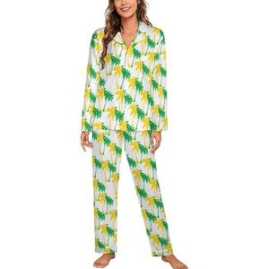 Palmbomen in Jamaica Kleuren Lange Mouw Pyjama Sets Voor Vrouwen Klassieke Nachtkleding Nachtkleding Zachte Pjs Lounge Sets