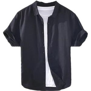 Mannen Zomer Shirt Revers Knop Effen Kleur Single-Breasted Losse Casual Dunne Top Korte Mouwen Shirt, Zwart, L