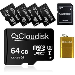 Cloudisk 5 Pack Micro SD-kaart met MicroSD Adapter Kaartlezer Geheugenkaart (5 Pack 64GB)