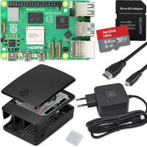 Raspberry Pi 5 4 GB Starter Kit / USB-C 27W voeding / behuizing met ventilator / 64 GB SD-kaart / micro HDMI-kabel / zwart