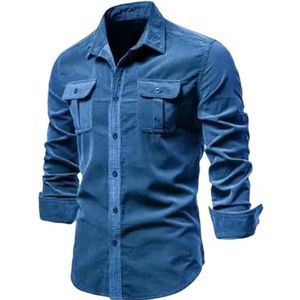 Heren lange mouwen effen denim overhemd heren straat casual overhemd jas, Blauw, XL