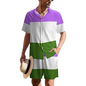Genderqueer Pride Flag LGBT Hawaïaans pak voor heren, set van 2 stuks, strandoutfit, shirt en korte broek, bijpassende set