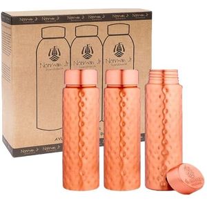 NORMAN JR Smalle gehamerde koperen waterfles 400 ml - geschenkdoos met 3 stuks, een Ayurvedisch vat van puur koper - helpt u meer water te drinken, met veel gezondheidsvoordelen