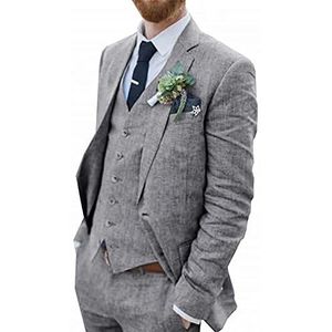 Retro blauw linnen pak for mannen casual bruiloft pak for mannen SEERSUCKER pak slim fit 3 stuks jas blazer bruidegom smoking (Kleur : Gray, Maat : 52)