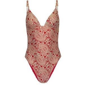 Dames bikini set zomer mode rood vintage print vetersluiting diepe V sexy open rug eendelige split bikini badmode bedekt rok, Groen, S